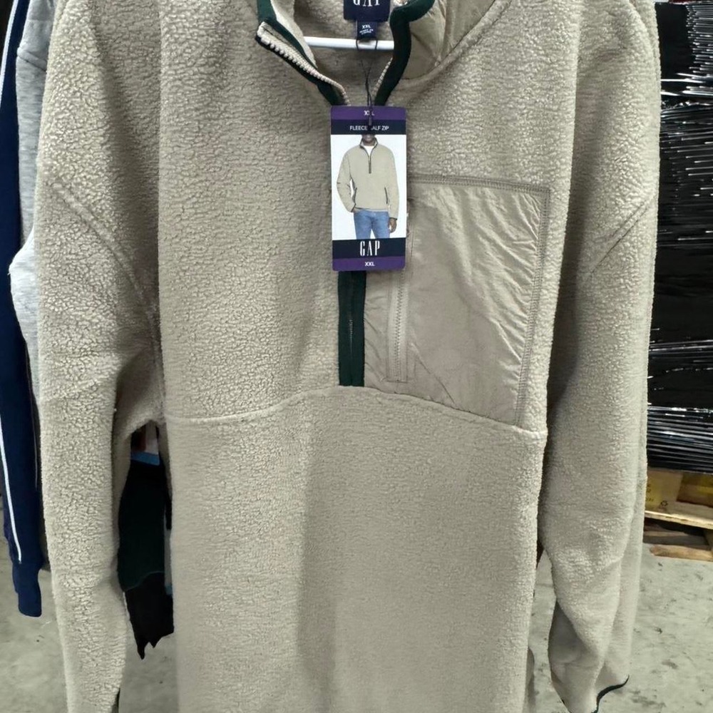 Gap Fleece Half Zip Pullover Cream Oatmeal Teal Trim Nylon Pocket NWT XXL